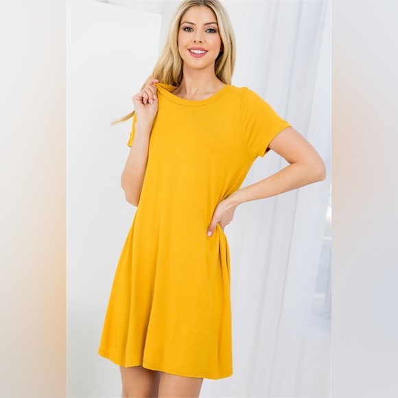 S M L MUSTARD ROUND NECKLINE RUFFLE SHIRT DRESS - Picture 2 of 6